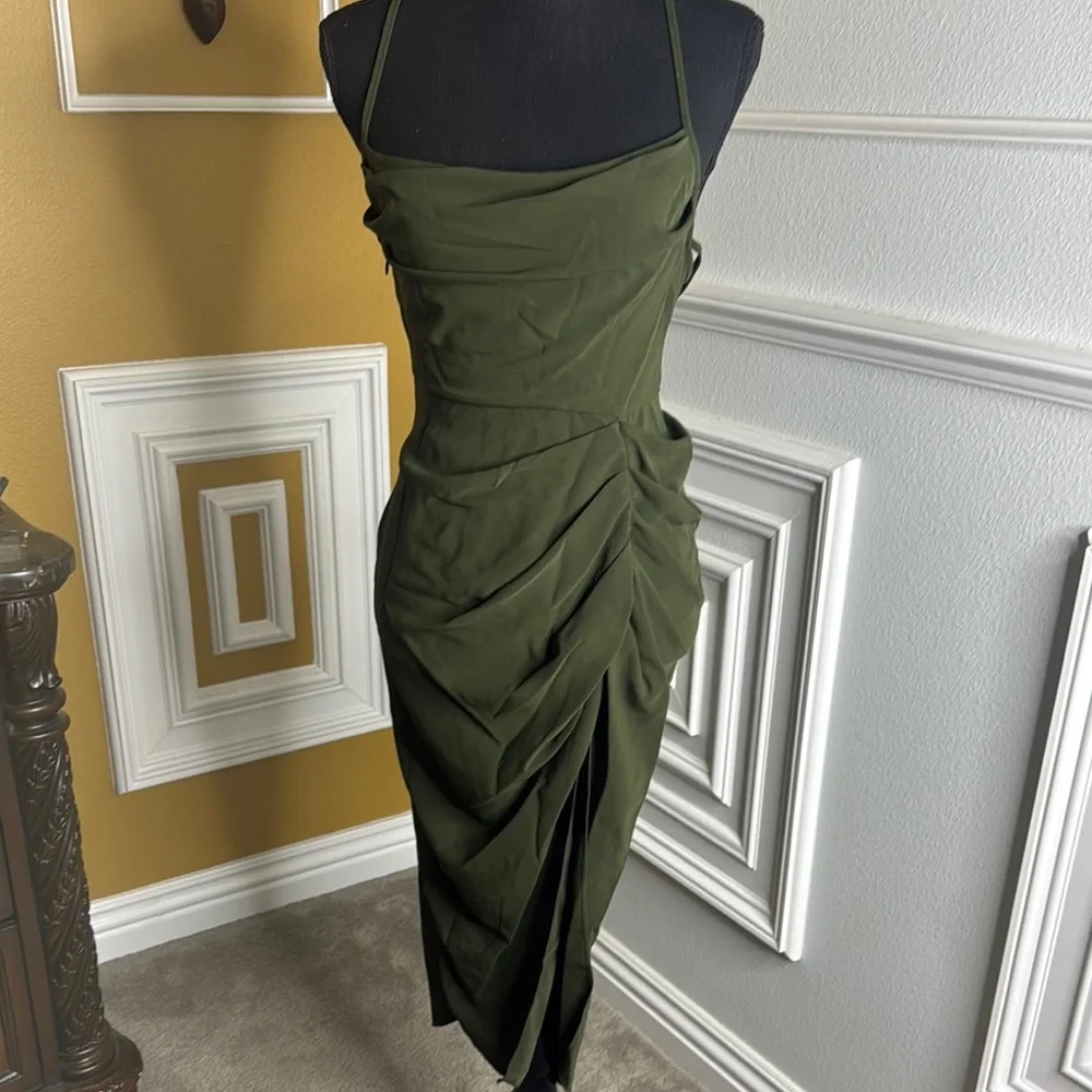 Elegant Olive Green Ruched Dress - Picture 4 of 9